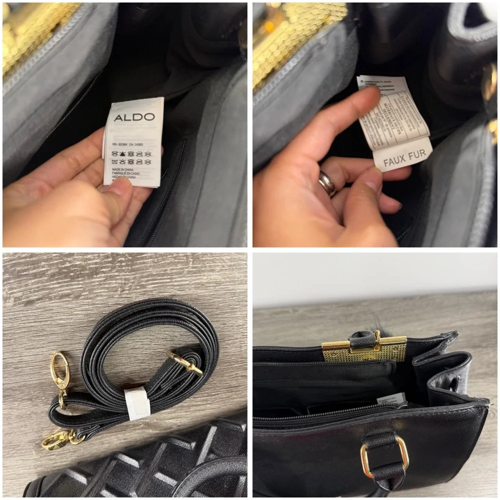 Aldo Black Embossed Geometric Satchel Handbag Gold Hardware Crossbody Bag Medium
